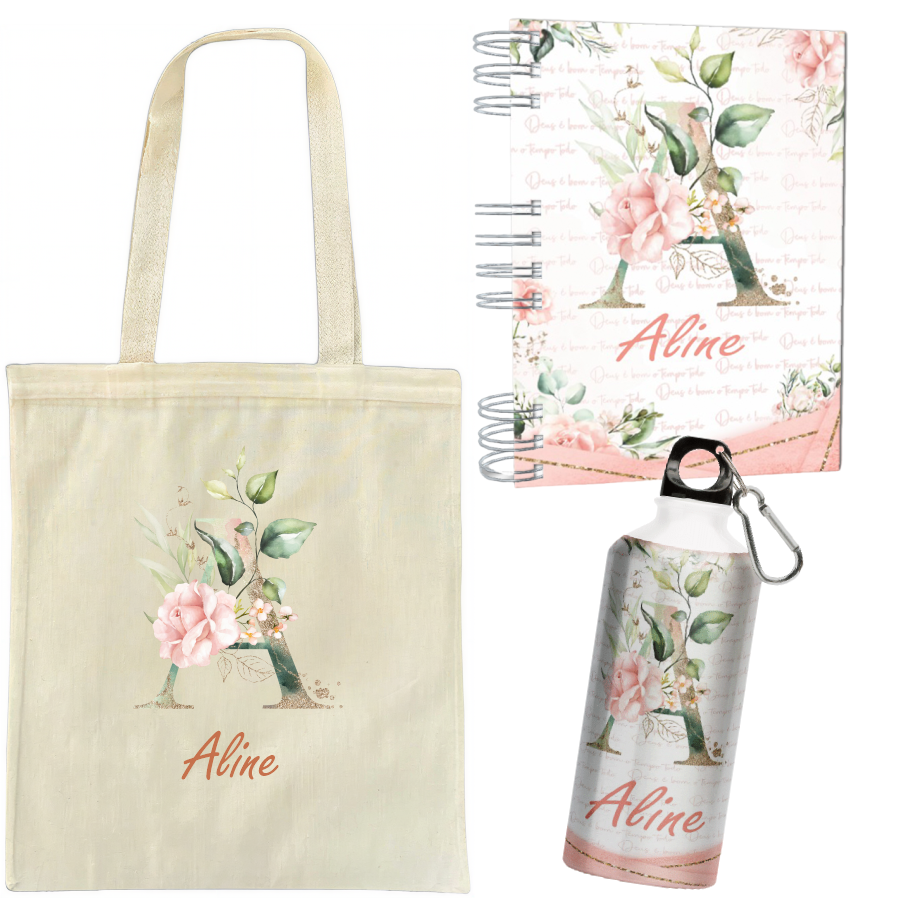 Kit Personalizado Agenda + Garrafa Alumínio + Escobag Algodão - Com Inicial e Nome - Capa Dura