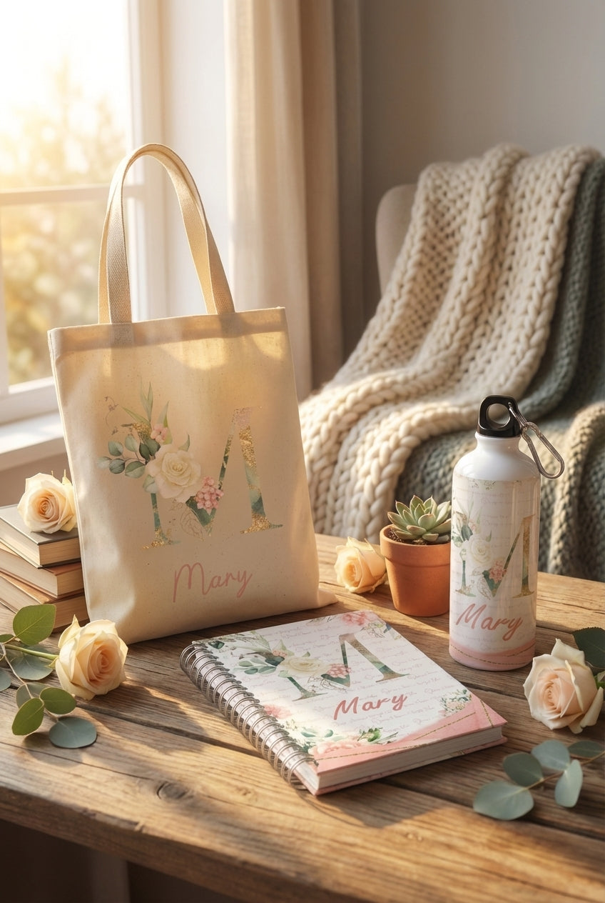 Kit Personalizado Agenda + Garrafa Alumínio + Escobag Algodão - Com Inicial e Nome - Capa Dura