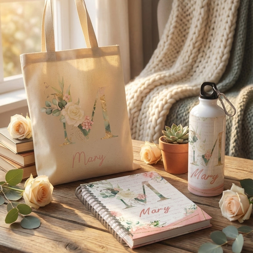 Kit Personalizado Agenda + Garrafa Alumínio + Escobag Algodão - Com Inicial e Nome - Capa Dura