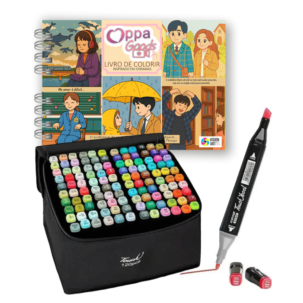 Livro Dorama Oppa Goods e Canetinhas - Ponta Dupla - Caderno de Colorir - 50 Folhas - Capa Dura