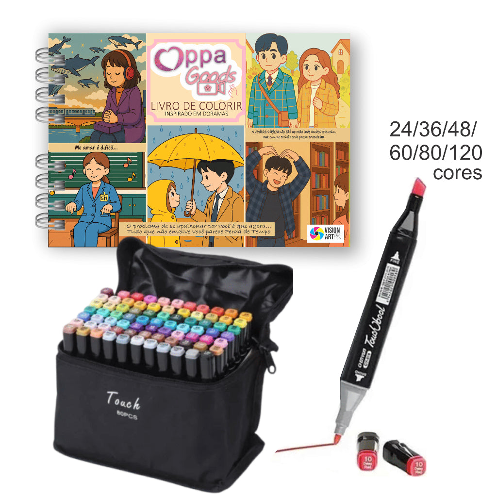 Livro Dorama Oppa Goods e Canetinhas - Ponta Dupla - Caderno de Colorir - 50 Folhas - Capa Dura