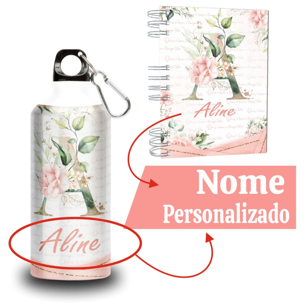 Agenda 2027 + Garrafa - Personalizada com Nome - Alumínio - Alfabeto - Capa Dura Holográfica