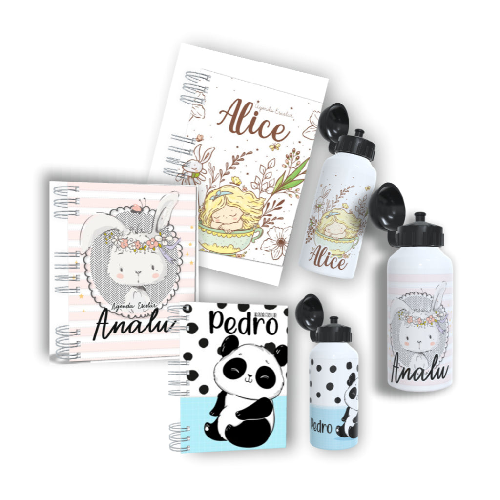 Agenda Escolar + Garrafa - Personalizada - Caderno Permanente - Kit - Personalize com Nome