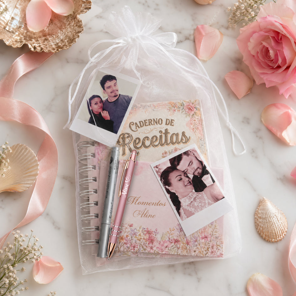Kit Presente Personalizado - Caderno de Receita - Mini Albúm Canetas - Polaroide  Saco Presente Mães