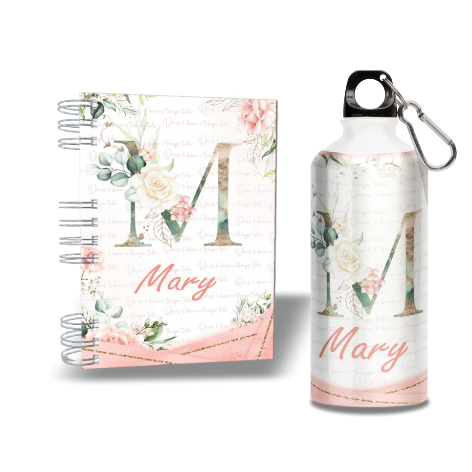 Kit Personalizado Agenda + Garrafa Alumínio + Escobag Algodão - Com Inicial e Nome - Capa Dura