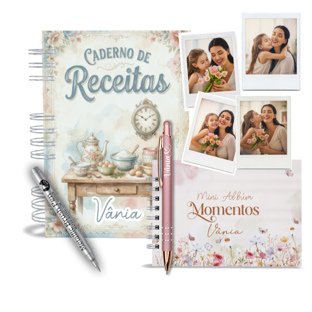 Kit Presente Personalizado - Caderno de Receita - Mini Albúm Canetas - Polaroide  Saco Presente Mães