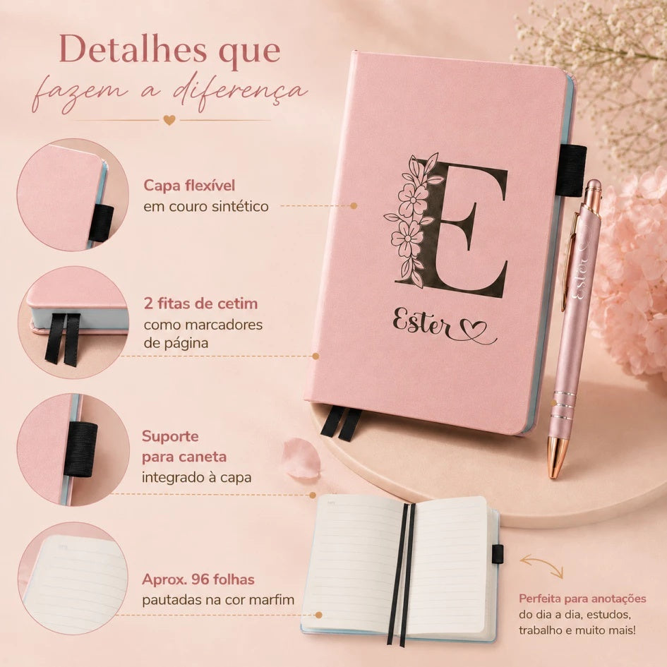 Kit Presente Caderneta Couro Personalizada + Caneta com Nome Saco Organza Presente Brinde Agenda