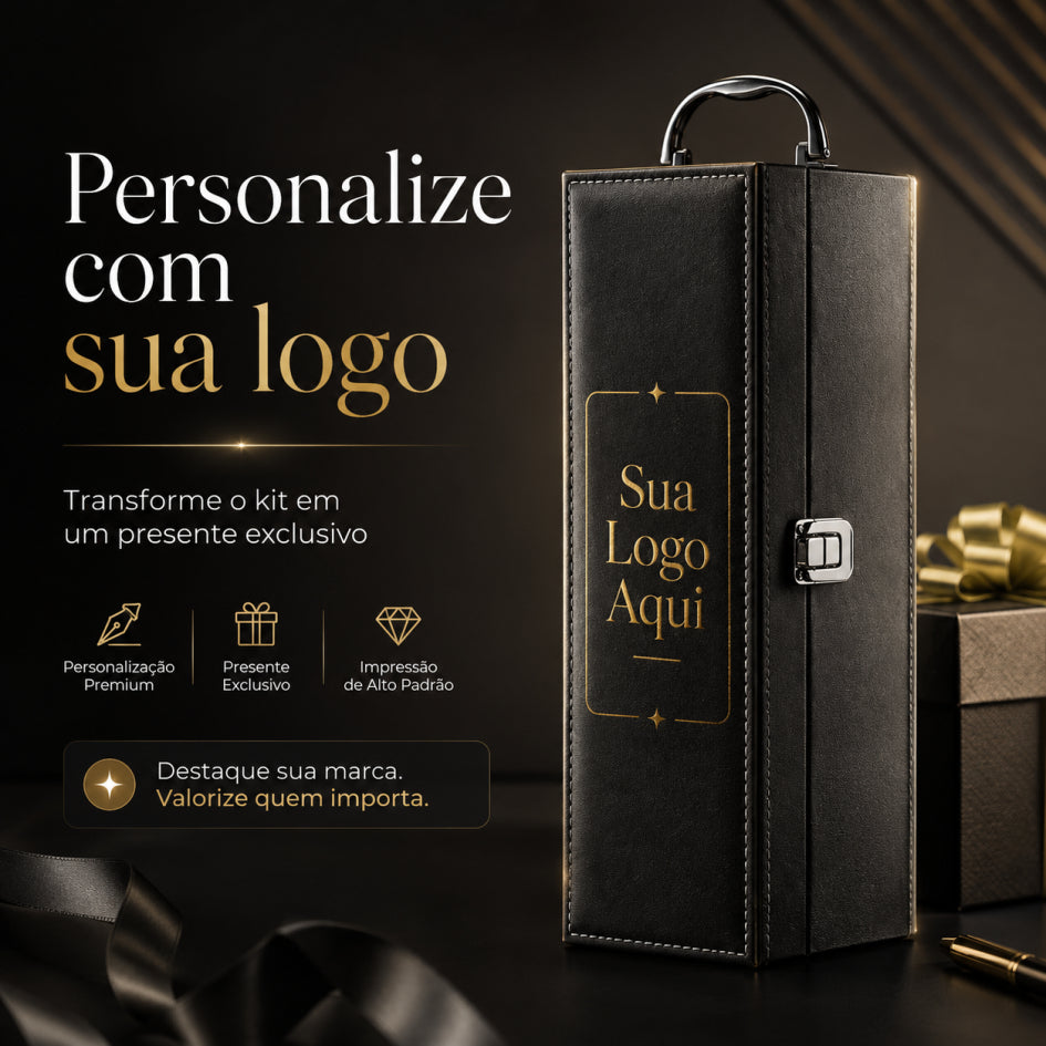 Kit Vinho 4 Peças Personalizado Maleta Couro Sintético Brinde Corporativo Premium - Presente Pais