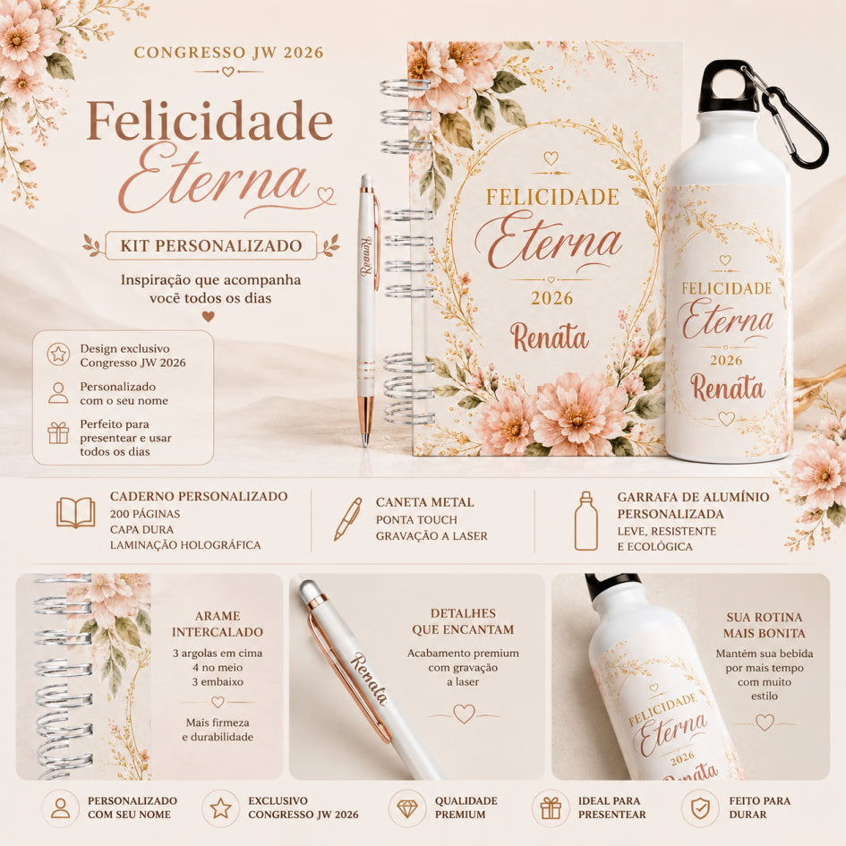 Kit Congresso Felicidade Eterna JW Testemunha de Jeová - 2026 Caderno - Garrafa Caneta Personalizado