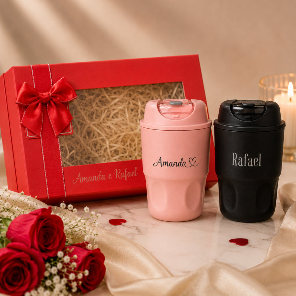 Kit Presente Copo de Café - Térmico - Caixa para Presente - Namorados - Mulher - Casal