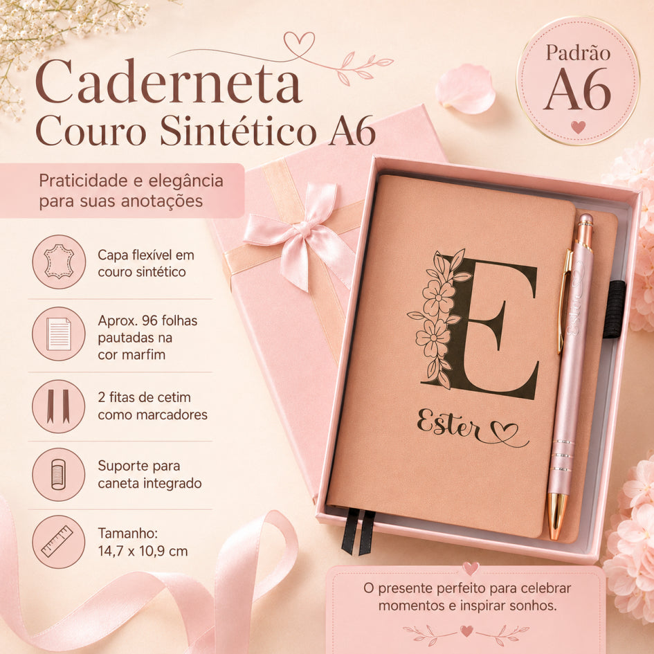 Kit Presente Caderneta Couro Personalizada + Caneta com Nome Caixa Elegante Presente Brinde Agenda