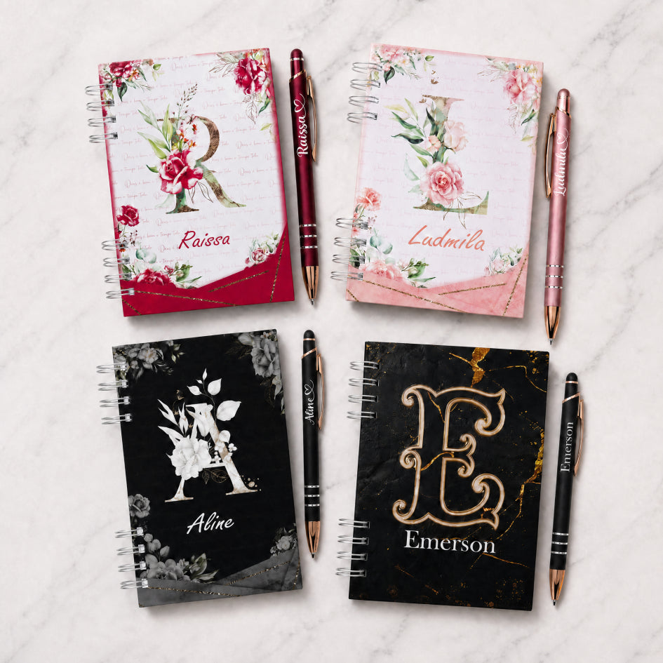 Kit Presente Caderneta Personalizada + Caneta com Nome + Saco Organza Diversas Capas Brinde Agenda