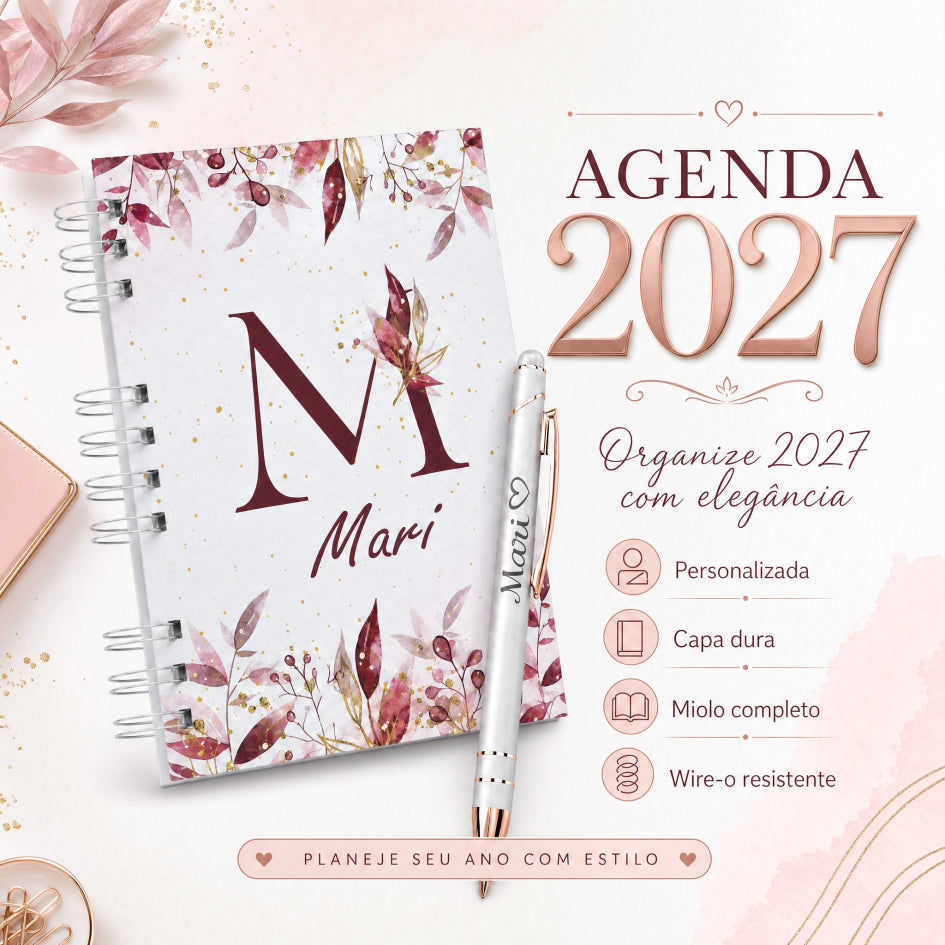 Agenda 2027 com Caneta Metal Touch - Personalizada - Miolo Colorido - Capa Dura - Holográfica