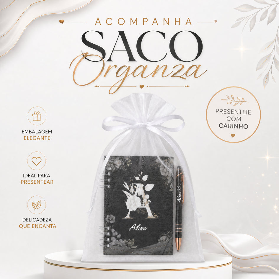 Kit Presente Caderneta Personalizada + Caneta com Nome + Saco Organza Diversas Capas Brinde Agenda